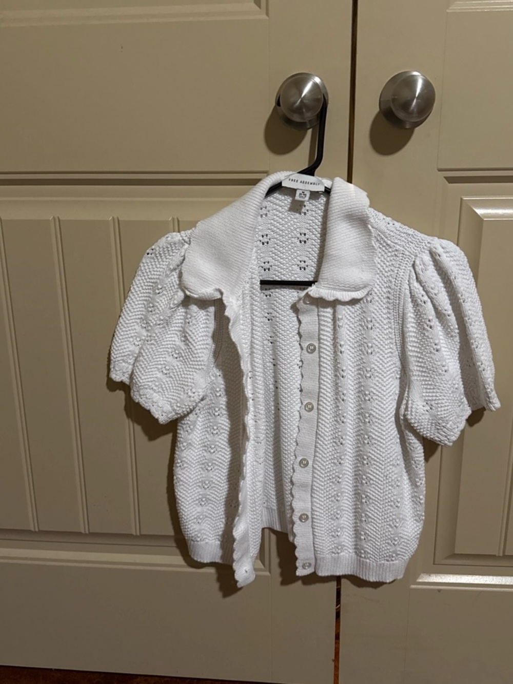 White Knit Button-Front Top with Puff Sleeves by Free Assembly
